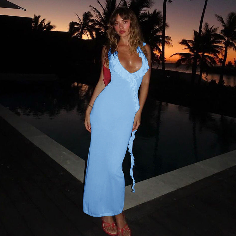 Casual ruffle edge ribbon sexy suspender dress