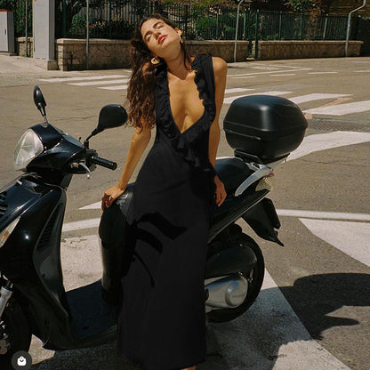 Casual ruffle edge ribbon sexy suspender dress