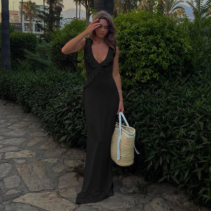 Casual ruffle edge ribbon sexy suspender dress