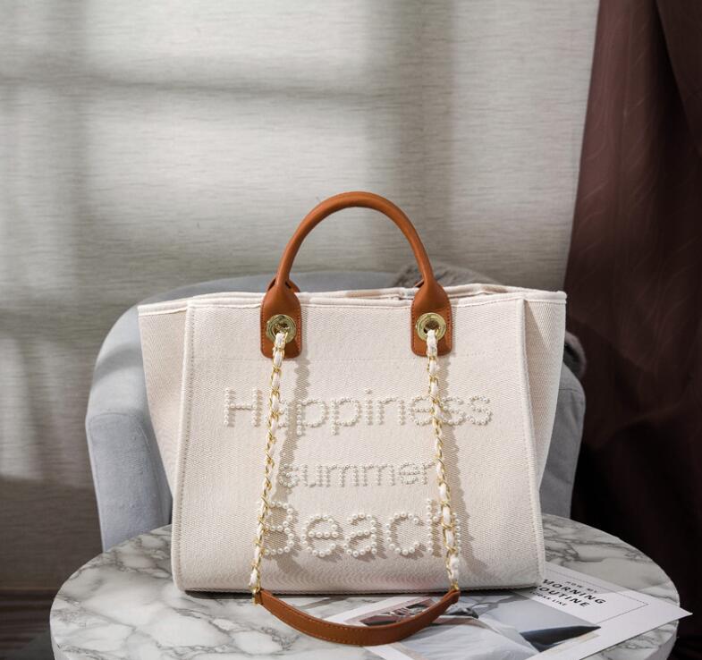 Women's Bag Small Fragrant Wind Zhen Handmade Bead Embroidery Canvas Bag Large Capacity Bag Single Shoulder White Mother Bag Large Bag
