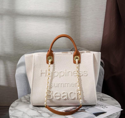 Women's Bag Small Fragrant Wind Zhen Handmade Bead Embroidery Canvas Bag Large Capacity Bag Single Shoulder White Mother Bag Large Bag