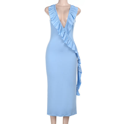 Casual ruffle edge ribbon sexy suspender dress